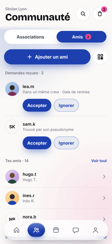 Tes amis et les demandes d'amis reçues