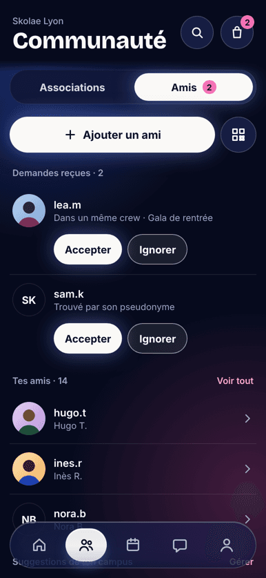 Tes amis et les demandes d'amis reçues