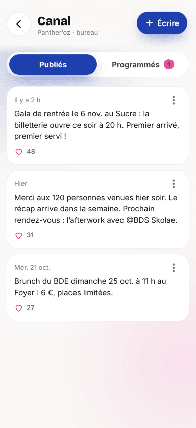 Les actus et les posts des assos dans l'app Plazia