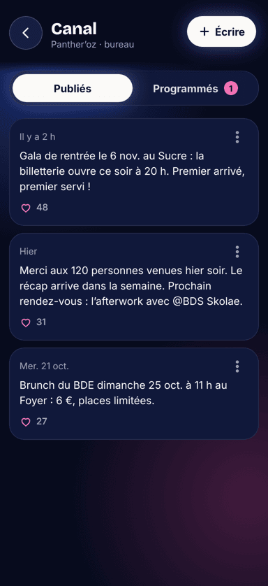 Les actus et les posts des assos dans l'app Plazia