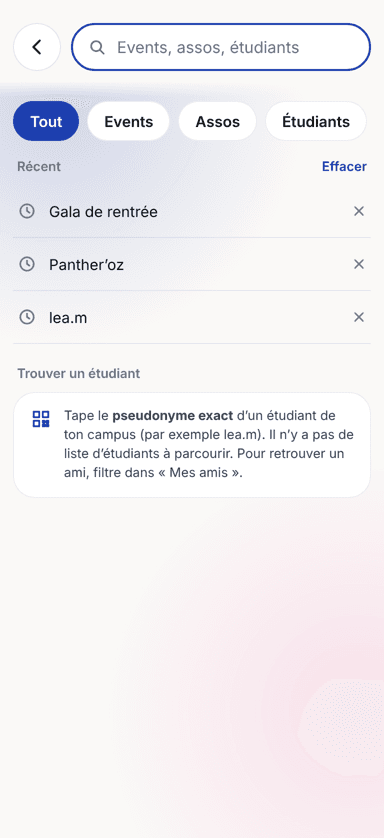 Rechercher des événements, des assos et des étudiants