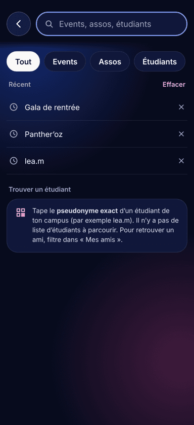 Rechercher des événements, des assos et des étudiants